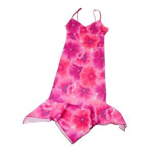 Vintage Mirrors Y2K Slip Dress S Pink Floral Sharkbite Hem So-Cal Island Girl